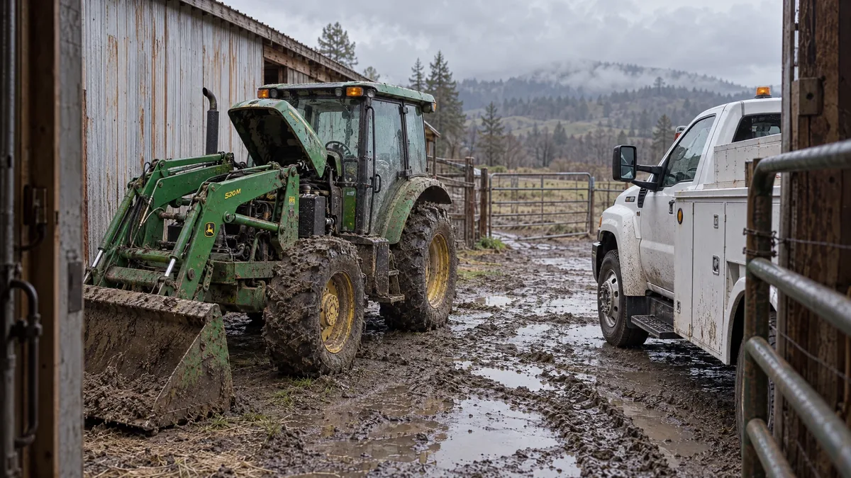 Muddy utility tractor with mobile service truck positioned nearby for a functional Southern Oregon barnyard repair call